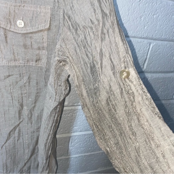 Shimmery Sheer Gold Lightweight Button Up Shirt Women’s Large Elegancia Pockets - Picture 6 of 8